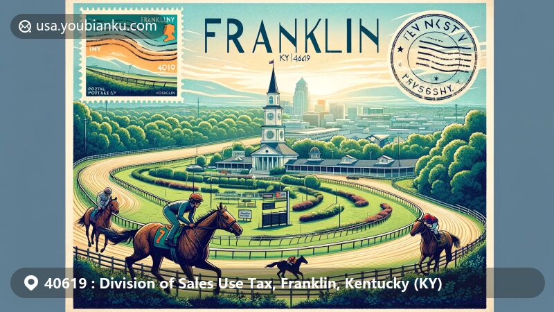 Creative illustration of Franklin, Kentucky, blending postal heritage with iconic Kentucky Downs, featuring vintage postcard design with state flag, postmark 'Franklin, KY 40619', and horse symbolizing Kentucky Cup Turf Festival.