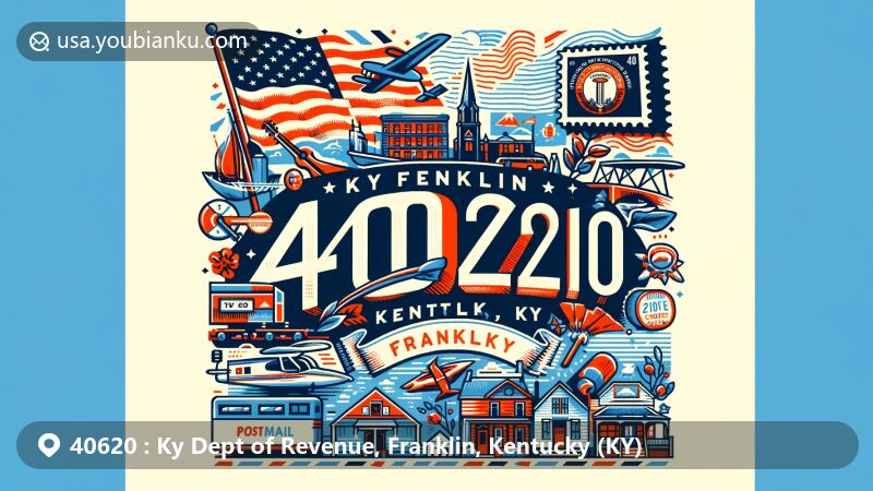 Modern illustration of Franklin, Kentucky, highlighting the ZIP code 40620 and Ky Dept of Revenue, featuring state flag and postal elements like airmail envelope, postage stamp, and prominent ZIP code display.