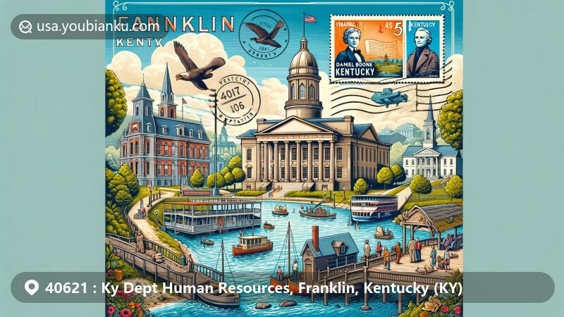 Vibrant illustration of Franklin, Kentucky, featuring Old State Capitol Building, Liberty Hall Historic Site, Kentucky Vietnam Veterans Memorial, Daniel Boone Burial Site, and modern postal elements with ZIP code 40621, set against the Kentucky River.
