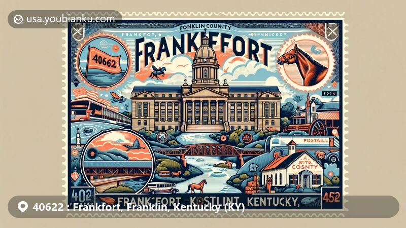 Modern illustration of Frankfort, Franklin County, Kentucky, showcasing the Old State Capitol with Gothic architecture, Kentucky's natural beauty, and heritage. Includes postal elements with vintage postage stamp featuring ZIP code 40622 and Switzer Covered Bridge.