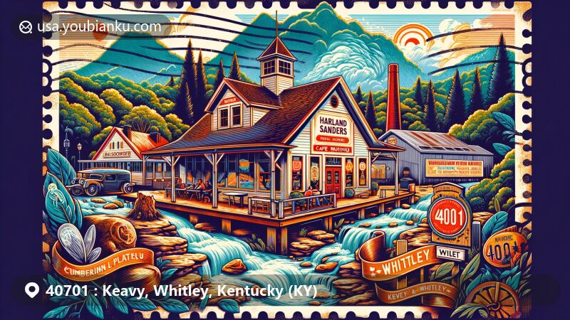 Modern illustration of Keavy and Whitley in Kentucky, featuring the 40701 ZIP code area and iconic landmarks such as Harland Sanders Café and Museum, showcasing the birthplace of Kentucky Fried Chicken.