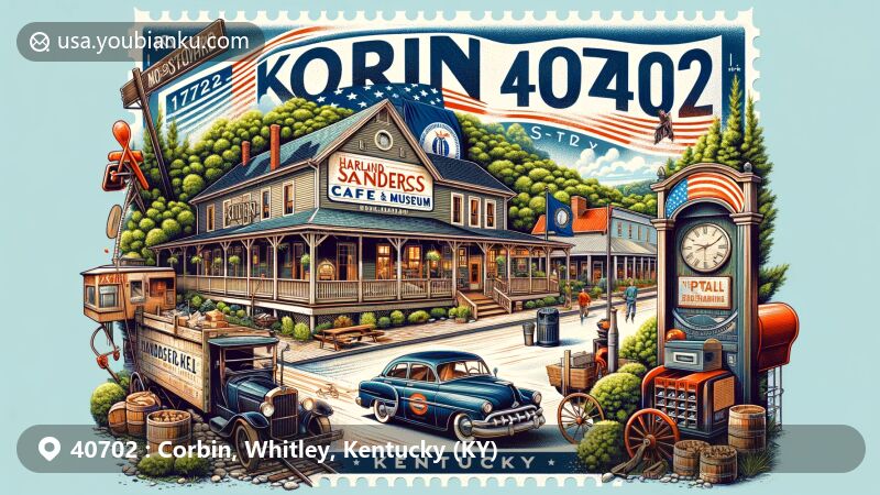 Modern illustration of Corbin, Kentucky, showcasing postal theme with ZIP code 40702 and Harland Sanders Café and Museum, surrounded by Cumberland Plateau greenery.
