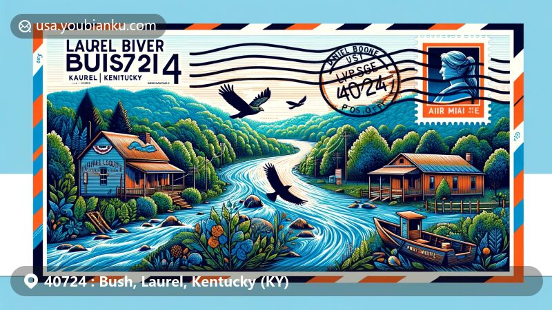 Creative illustration of Bush, Laurel County, Kentucky, featuring air mail envelope design with ZIP code 40724, showcasing symbols of the region and its postal heritage, including Laurel River and Daniel Boone National Forest.
