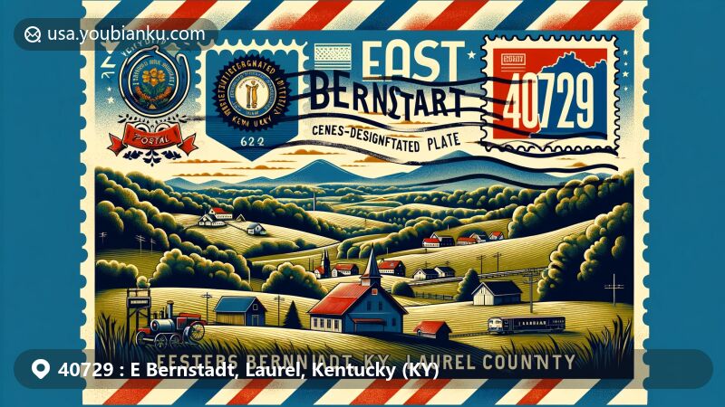 Modern illustration of East Bernstadt, Laurel County, Kentucky, featuring rural landscape with rolling hills, forests, and a small community. Includes Kentucky state flag and Laurel County outline.