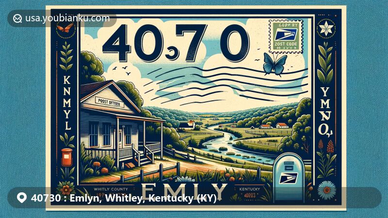 Modern illustration of Emlyn, Whitley County, Kentucky, highlighting ZIP code 40730, showcasing lush greenery and rural charm, with vintage postal elements reflecting local heritage.