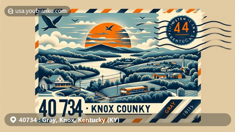 Modern illustration of Gray, Knox County, Kentucky, featuring scenic landscape of Cumberland Plateau region, hinting at lower middle-class socioeconomic status, with postal theme showcasing ZIP code 40734 and Kentucky state symbols.