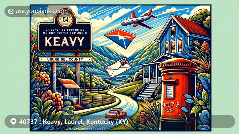 Illustration of Keavy, Kentucky, showcasing natural scenery of Laurel County with hills and greenery typical of the Cumberland Plateau region, postal elements including vintage post office sign, red mailbox, and airmail envelope, with nods to local culture and history, and symbols of the state of Kentucky.