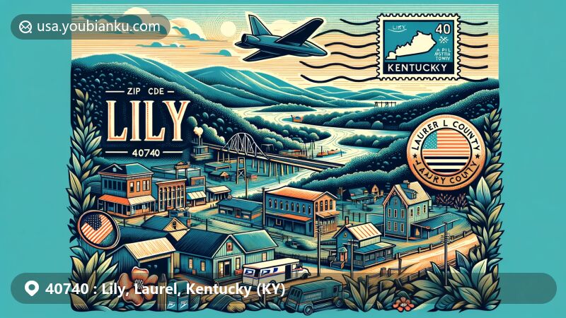 Modern illustration of Lily, Laurel County, Kentucky, depicting coal town heritage and natural beauty, featuring vintage air mail elements, KY 40740 postmark, state flag stamp, mailbox, and truck.
