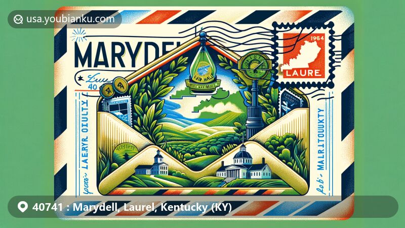 Modern illustration of Marydell, Laurel County, Kentucky, showcasing postal theme with ZIP code 40741, featuring Kentucky state flag and Laurel County outline.