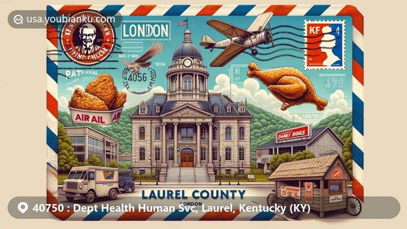 Modern illustration of Laurel County, Kentucky, featuring courthouse, KFC sign, and natural elements of Daniel Boone National Forest in vintage air mail envelope frame with postage stamps showing Kentucky outline, Laurel County location, postal marks, and ZIP code 40750.