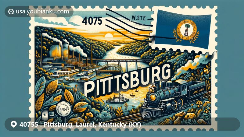 Artistic interpretation of Pittsburg, Laurel County, Kentucky, combining coal mining heritage with Kentucky state flag and lush landscapes of Laurel County, featuring laurel thickets along Laurel River, with a creative postal theme and prominent ZIP code 40755.