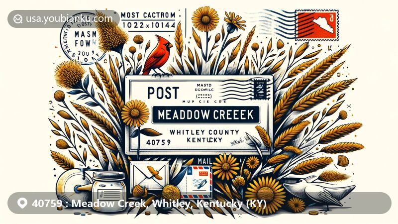 Modern illustration of Meadow Creek, Whitley County, Kentucky, with ZIP code 40759, featuring symbols of Kentucky like goldenrod and cardinal, centered around a postcard displaying 'Meadow Creek' and '40759', surrounded by postal elements.