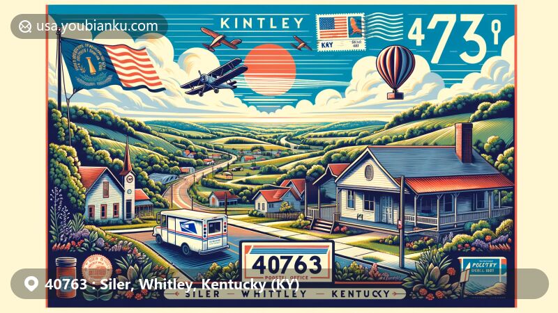 Creative illustration of Siler, Whitley, Kentucky (KY) with ZIP code 40763, showcasing rural beauty, post office, vintage air mail envelope, Kentucky state flag elements, and postal truck against a backdrop of rolling hills and lush greenery.