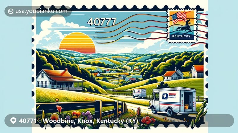 Modern illustration of Woodbine, Whitley County, Kentucky, capturing the essence of ZIP code 40771 with a scenic rural landscape featuring rolling hills, lush greenery, and local flora.