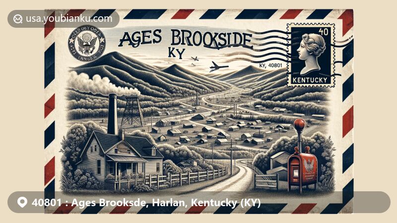 Creative interpretation of Ages Brookside, Harlan, Kentucky, depicting postal theme with ZIP code 40801. Features landscape with Clover Fork valley, Black Mountain, and Little Black Mountain, along with Kentucky state flag stamp and 'Ages Brookside, KY 40801' postmark.
