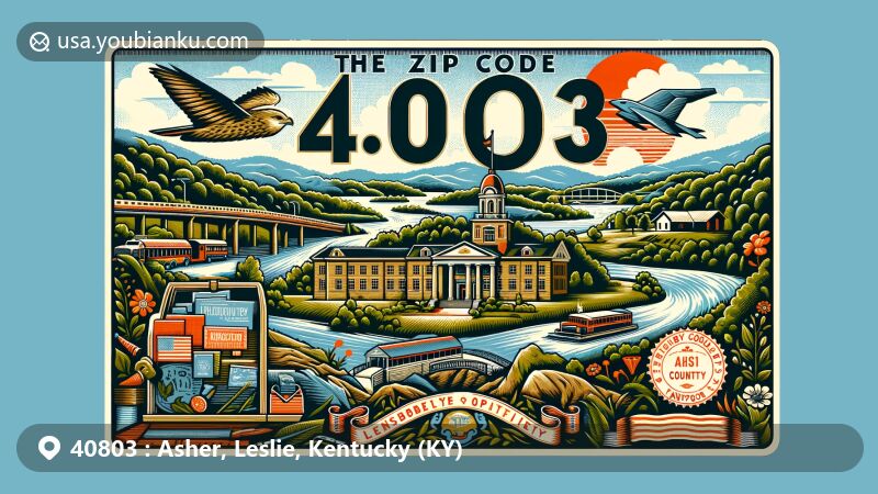 Modern illustration of Asher area in Leslie County, Kentucky, featuring Cumberland Plateau scenery, Leslie County High School, and Stinnett Elementary School, with vintage postal theme showcasing ZIP code 40803 and Kentucky state symbols.