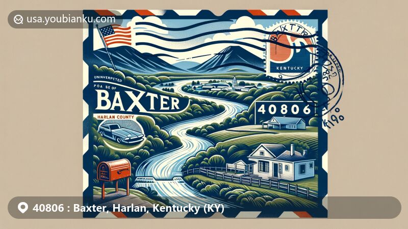 Modern illustration of Baxter, Harlan County, Kentucky, showcasing postal theme with ZIP code 40806, featuring Cumberland Plateau landscape and Cumberland River confluence, along with vintage air mail elements and Kentucky state flag stamp.