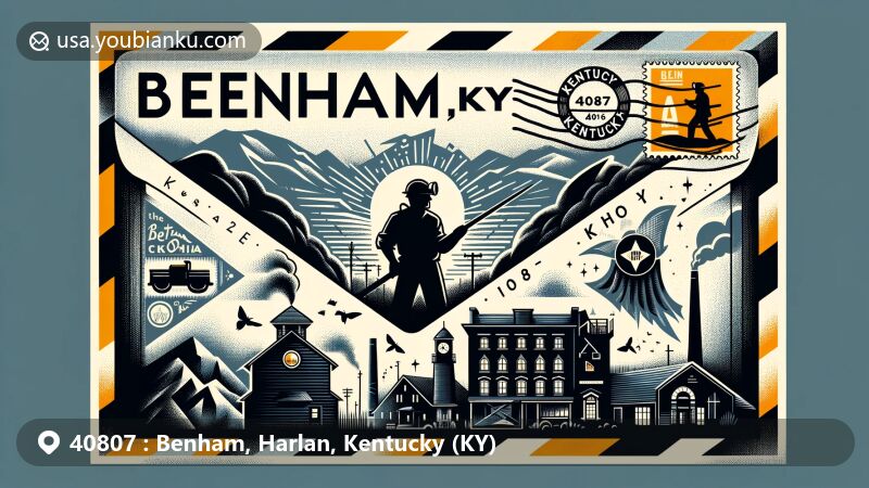 Artistic illustration of Benham, Harlan, Kentucky (KY) area corresponding to ZIP code 40807 featuring a wide-format airmail envelope showcasing elements representing Benham, especially its coal mining heritage.