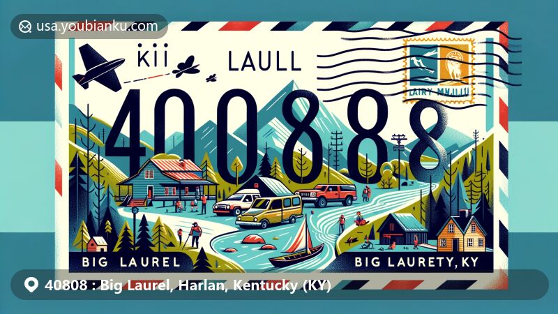 Modern illustration of Big Laurel area, Harlan County, Kentucky, featuring ZIP code 40808, Appalachian Mountains, outdoor activities, and community atmosphere.