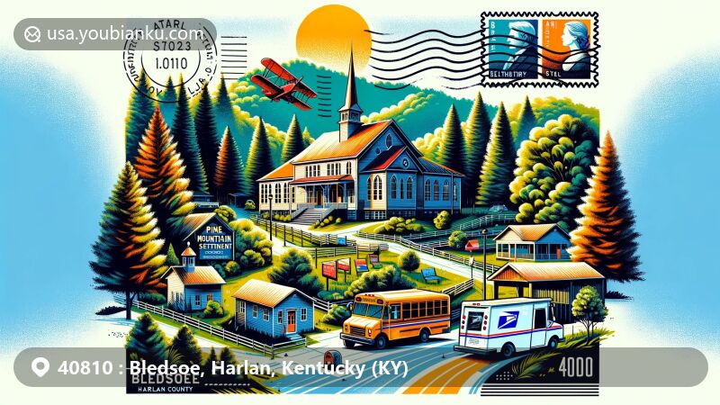 Modern illustration of Bledsoe, Harlan County, Kentucky, highlighting Pine Mountain Settlement School surrounded by lush forests and natural scenery, incorporating postal themes like postcard shapes, ZIP Code 40810, stamp, postmark, mailbox, and mail truck.
