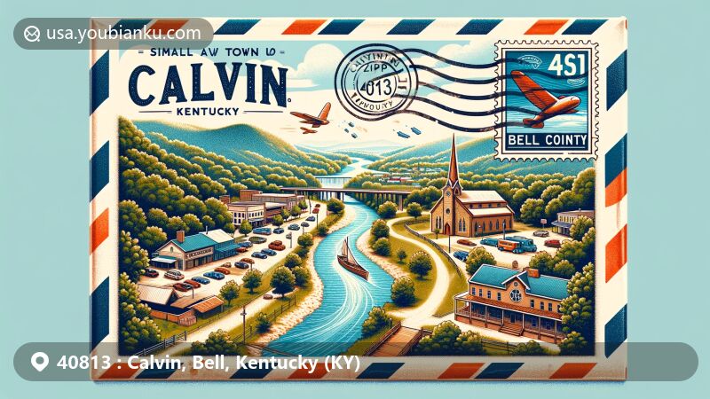 现代插画展示了肯塔基州贝尔县小镇Calvin，突出户外娱乐和社交活动特色，展现美丽公园和小径，以40813邮政编码的复古风格邮件信封为主题，描绘坎伯兰河景观，体现社区与自然联系。
