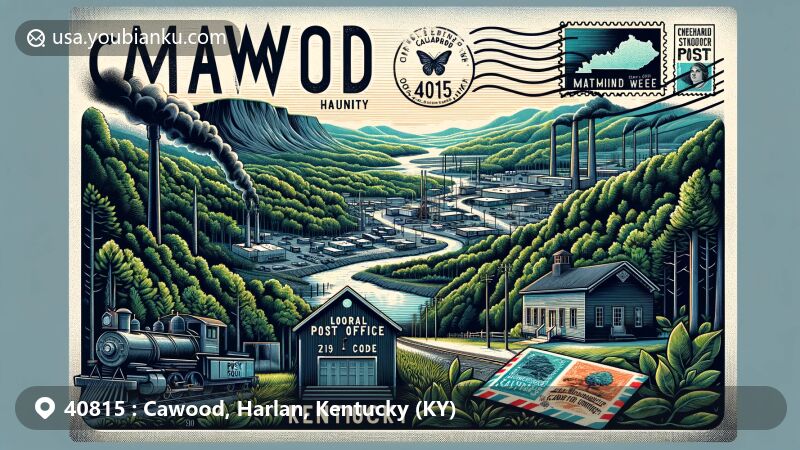 Modern illustration of Cawood, Harlan, Kentucky, capturing lush greenery and coal mining heritage along Crummies Creek and Martins Fork of the Cumberland River, featuring vintage post office and air mail envelope with Harlan County map stamp.