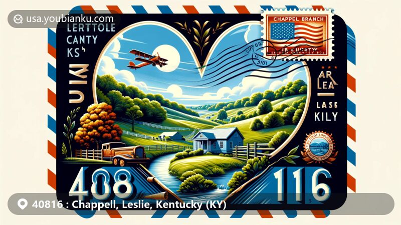 Modern illustration of Chappell, Leslie County, Kentucky, featuring postal theme with ZIP code 40816, showcasing Kentucky state flag, vintage air mail envelope, and Britton Branch Cemetery.