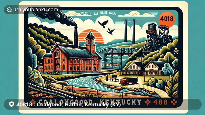 Modern illustration of Coalgood, Kentucky, showcasing vintage-style postcard with ZIP code 40818, featuring coal mining heritage and natural landscapes of Kentucky.