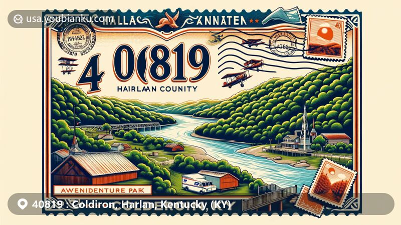 Modern illustration of Coldiron, Harlan County, Kentucky, highlighting postal theme with ZIP code 40819, featuring the scenic Cumberland River and Pine Mountain backdrop, adorned with stamps, postal truck, mailbox, and a local aerial adventure park.