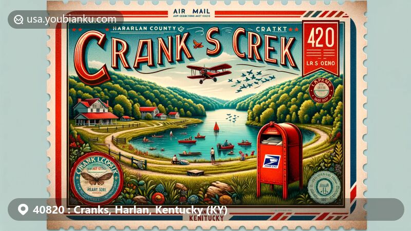 Modern illustration of Cranks, Harlan County, Kentucky, showcasing postal theme with ZIP code 40820, featuring Cranks Creek Lake and Kentucky state symbols.