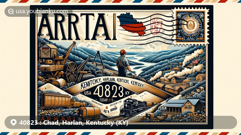 Modern illustration of Chad, Harlan, Kentucky (KY) with ZIP code 40823, featuring air mail envelope design showcasing state symbols, local landmarks, and postal elements.