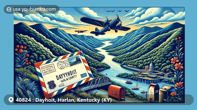 Modern illustration of Dayhoit, Harlan County, Kentucky, highlighting its mountainous landscape and postal theme with ZIP code 40824, featuring a vintage airmail envelope and iconic postal elements.