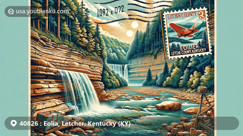 Modern illustration of Eolia, Letcher County, Kentucky, showcasing Bad Branch State Nature Preserve with 60-foot waterfall, Pine Mountain landscape, and postal heritage with ZIP code 40826.