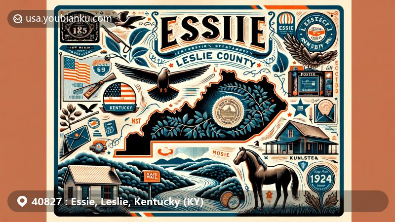 Modern illustration of Essie, Leslie County, Kentucky, showcasing natural beauty and cultural landmarks with vintage airmail envelope design, including local symbols like the state flag and horse culture.