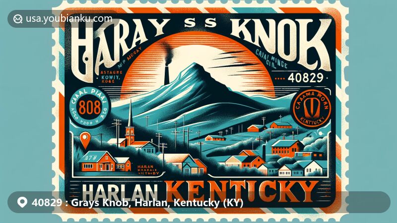 Modern illustration of Grays Knob, Harlan County, Kentucky, displaying postal theme with ZIP code 40829, emphasizing coal town characteristics and natural beauty of Kentucky.
