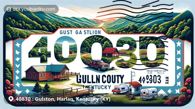 Modern illustration of Gulston, Harlan County, Kentucky, highlighting rural charm with Appalachian mountain backdrop and outdoor activities like camping, hiking, and fishing. Features a contemporary postcard or air mail envelope design with prominent postal code 40830, embodying close-knit community scene depicting residents' strong bonds. Vibrant colors capture the beauty of Appalachia and community spirit.