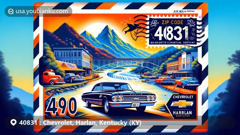 Modern illustration of Chevrolet, Harlan, Kentucky, showcasing postal theme with ZIP code 40831, featuring Black Mountain, Cumberland River, Chevrolet Series 490, Harlan County's flood wall, U.S. Route 421, and Poke Sallet Festival.