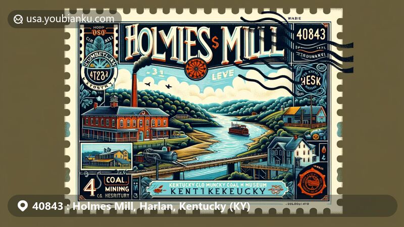 Artistic representation of Holmes Mill, Kentucky, capturing Cumberland River and coal mining heritage with historic elements like vintage postage stamp, postal mark, and ZIP code 40843.