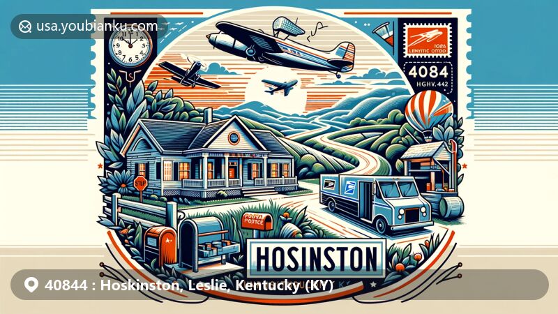 Modern illustration of Hoskinston, Kentucky, showcasing postal theme with ZIP code 40844, featuring Hoskinston Post Office, Kentucky landscapes, and Appalachian Mountains in the background.