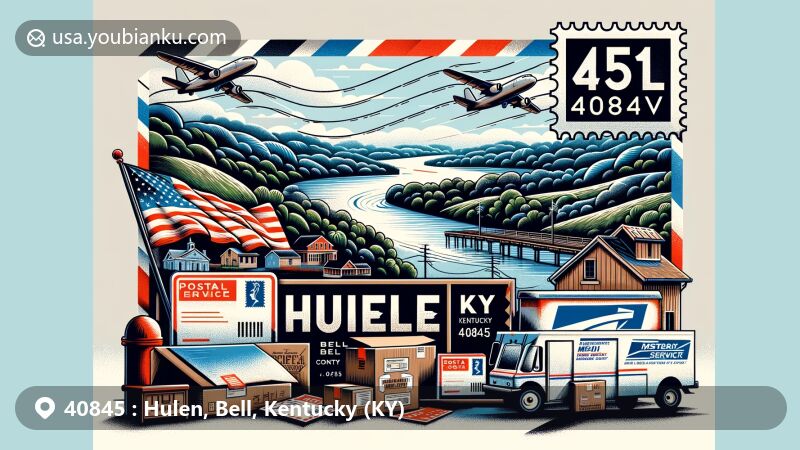 Modern illustration of Hulen (Blackmont), Bell County, Kentucky, featuring Cumberland River, Kentucky state flag, and postal elements with a postmark 'Hulen, KY 40845', mailbox, and mail van.