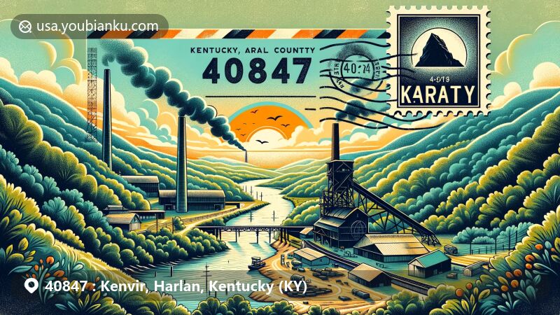 Modern illustration of Kenvir, Harlan County, Kentucky, on Yocum Creek, reminiscent of a vintage postcard, featuring Appalachian Mountains and lush greenery, highlighting coal mining heritage and postal theme with ZIP code 40847.