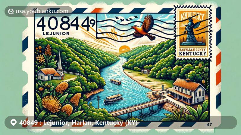 Illustration of Lejunior, Harlan County, Kentucky, representing ZIP code 40849, featuring Cumberland River, post office, lush greenery, and Kentucky state symbols.