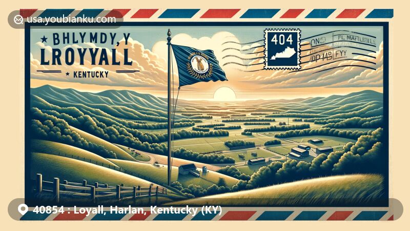 Modern illustration of Loyall, Harlan County, Kentucky, featuring vintage air mail envelope canvas with Cumberland Plateau landscape, Harlan County map outline, and Kentucky state flag stamp.