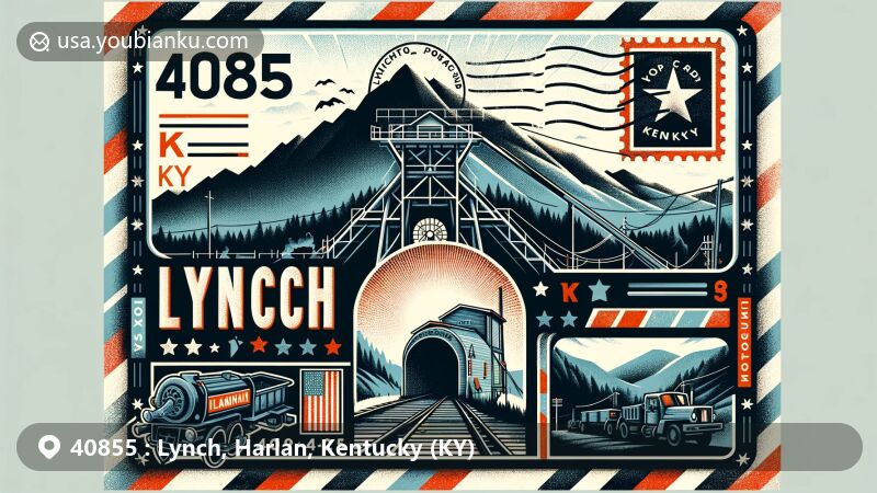 Modern illustration of Lynch, Harlan County, Kentucky, featuring postal theme with ZIP code 40855, showcasing Appalachian Mountains and Black Mountain, symbolizing natural beauty and elevation of Lynch. Centered on a unique postcard or airmail envelope design displaying the entrance of Portal 31 coal mine.