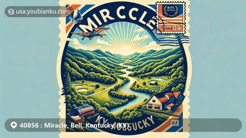 Modern illustration of Miracle, Bell County, Kentucky, featuring vintage airmail envelope frame with scenic view inside showcasing rolling hills, forests, lakes, and streams. Includes Kentucky state flag stamp and 'Miracle, KY 40856' postal mark.