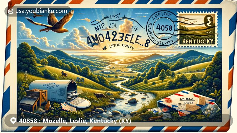 Vintage-style illustration of Mozelle, Leslie County, Kentucky, featuring retro air mail envelope with Kentucky state flag stamp, 'Mozelle, KY 40858' postmark, and postal horn symbol, set against backdrop of rural landscapes and local flora.