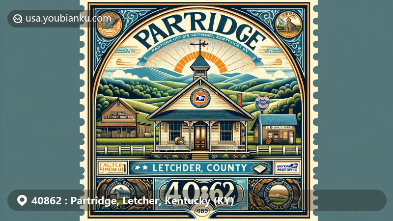 Modern illustration of Partridge, Letcher County, Kentucky, showcasing postal theme with ZIP code 40862, featuring Partridge post office, David Back Log House and Farm, C.B. Caudill Store, and southeastern Kentucky landscapes.