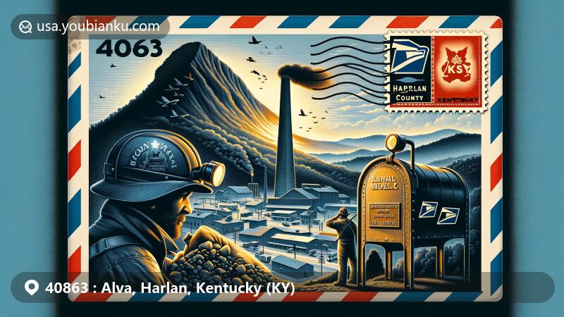 Modern illustration of Alva, Harlan, Kentucky (KY), featuring postal theme with ZIP code 40863, showcasing Black Mountain and coal mining history. Includes Harlan County Coal Miners Memorial Monument, Kentucky state flag, postal mailbox, and Pine Mountain Settlement School stamp.