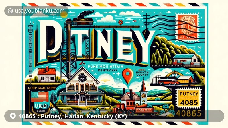 Modern illustration of Putney, Harlan County, Kentucky, featuring a postal theme with ZIP code 40865, showcasing Appalachian culture and history with symbols of Pine Mountain Settlement School and Portal 31 mine.