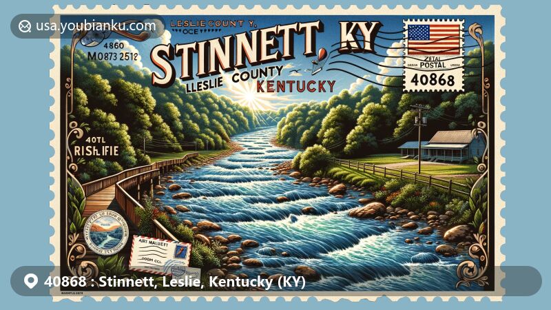Modern illustration of Stinnett area, Leslie County, Kentucky, featuring postal theme with ZIP code 40868, showcasing Stinnett Creek and lush green Kentucky landscape.